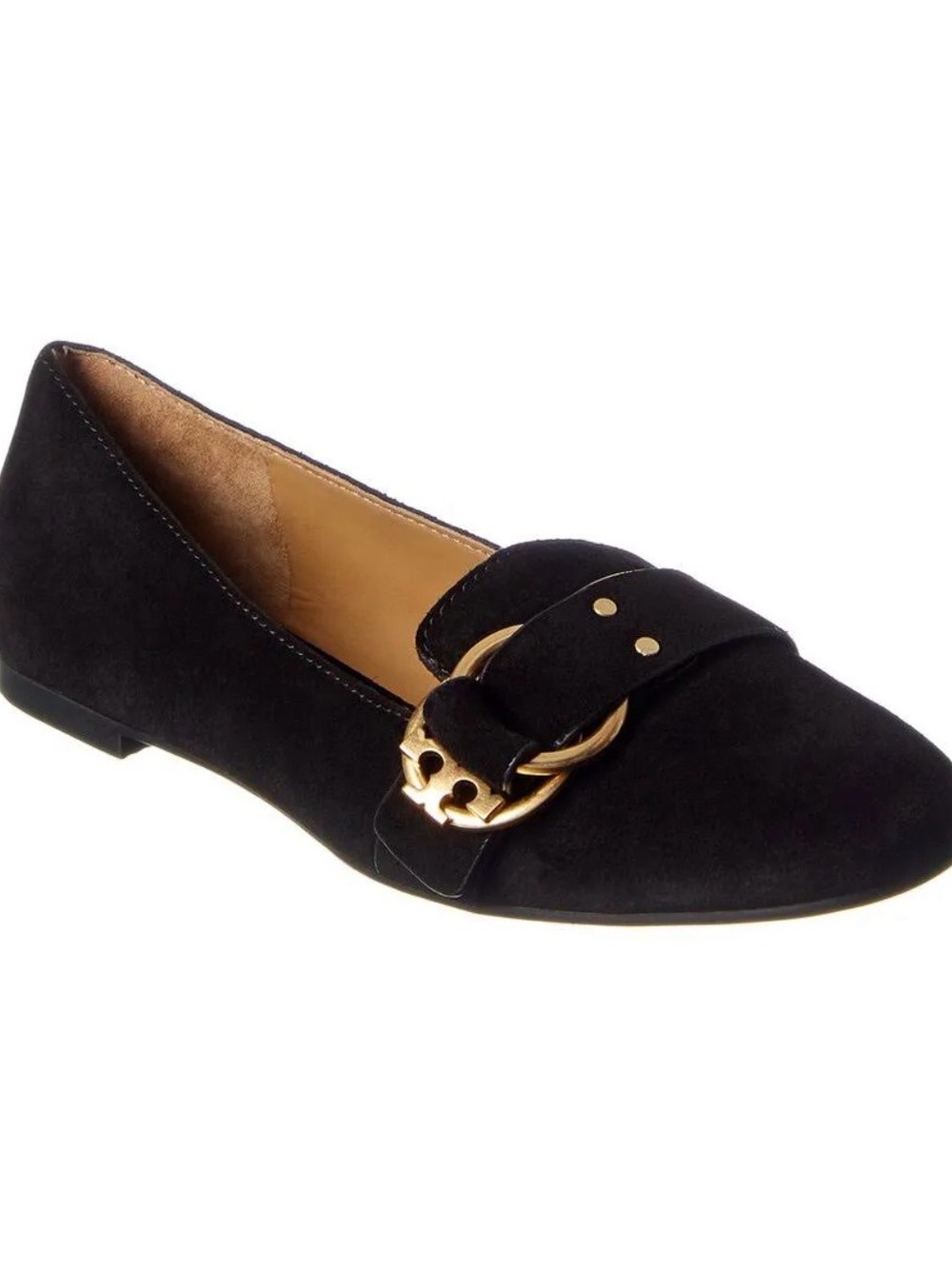 Tory Burch Marsden Black Suede Buckle Loafer Flats with Gold Accent